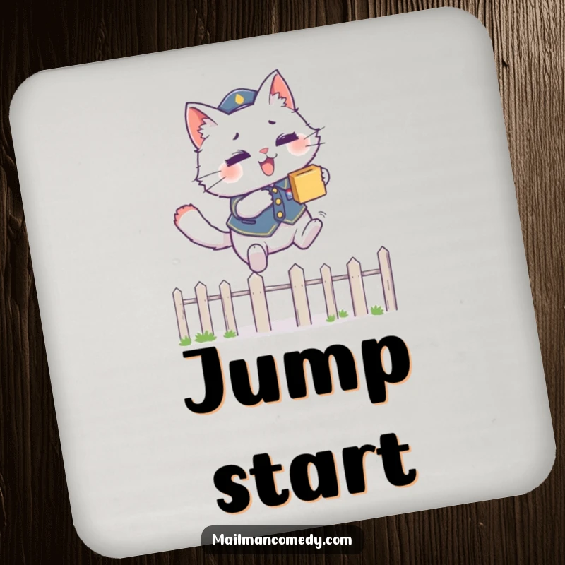Funny drink coaster art of a fluffy cat in a uniform, leaping over a fence with a package, protecting furniture.