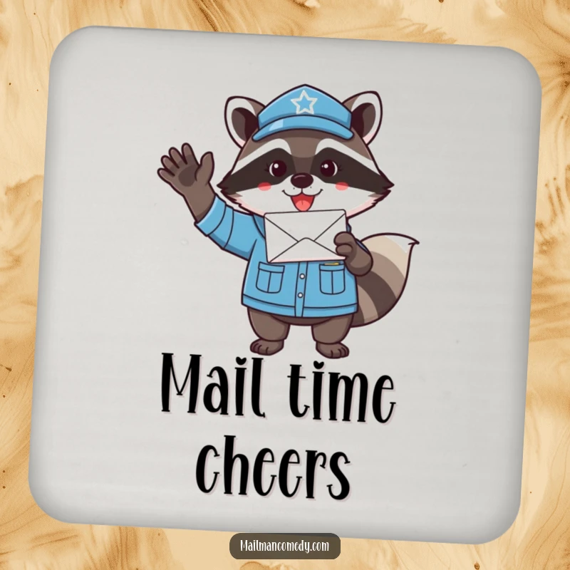 Funny raccoon mail carrier, enthusiastically waving a letter, printed on a protective and humorous drink coaster.