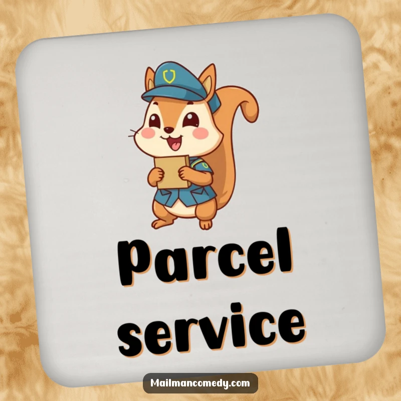 Funny squirrel in uniform, delivering a parcel, protecting surfaces with humor, funny coaster.