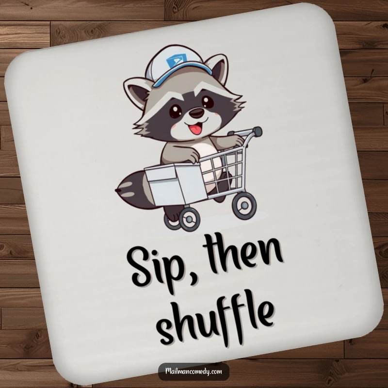 Funny Raccoon Mail Carrier Coaster: An energetic raccoon mail carrier playfully hopping over a mail cart.
