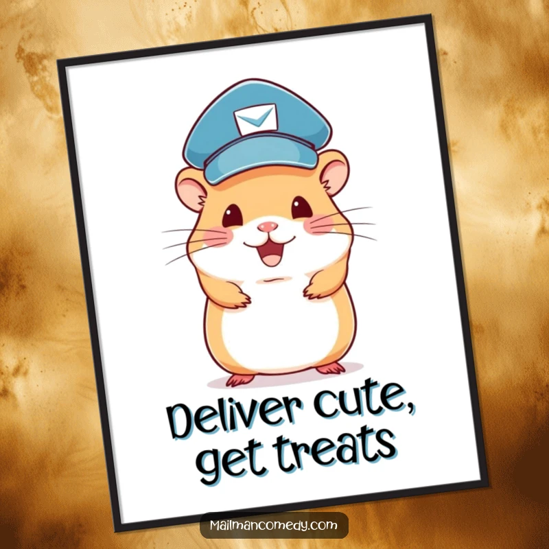 Funny hamster mail carrier poster showing a cute rodent in uniform balancing a stack of letters.