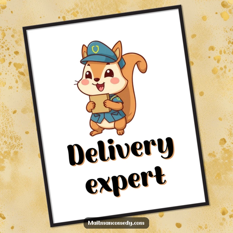 Funny squirrel wearing a uniform, excitedly presenting a tiny parcel, vibrant funny poster art.