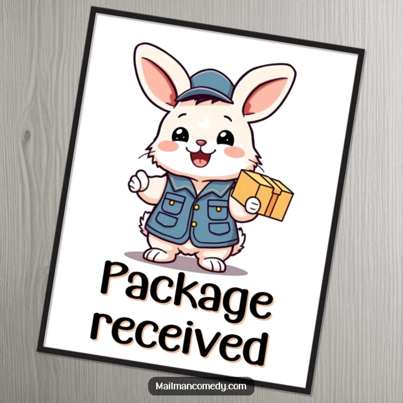 Funny poster of a fluffy bunny in a mail uniform vest, excitedly handing a package with a big smile, for cheerful wall decor.