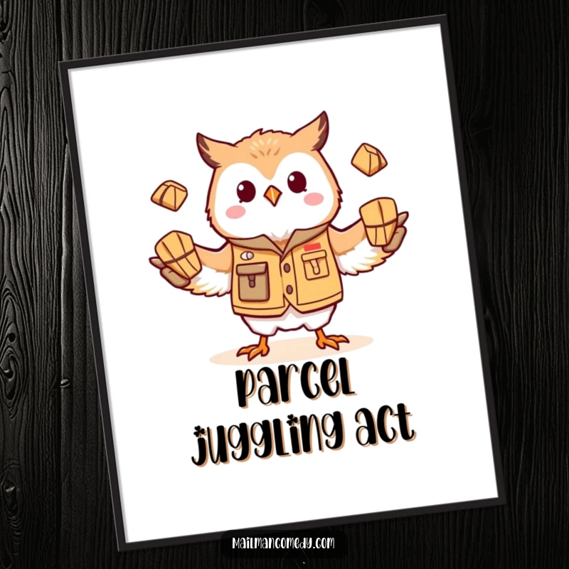 Funny owl mail carrier art, showing a comical juggling act with parcels, perfect for a humorous and charming wall decoration.
