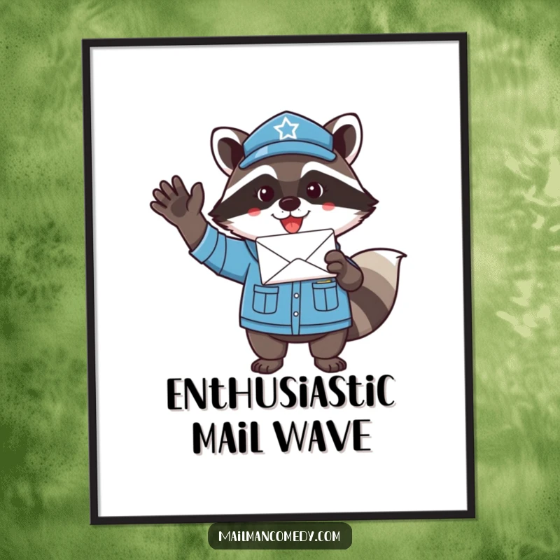 Funny raccoon mail carrier art, showing a vibrant and enthusiastic wave with a letter, perfect for humorous wall decor.