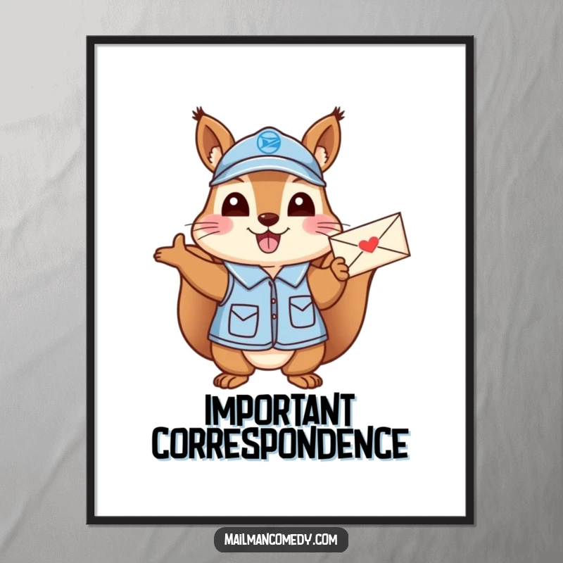 Funny Squirrel Mail Carrier Poster: A cheerful squirrel postal worker in uniform excitedly waving a letter.
