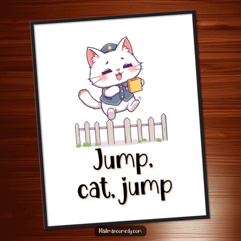 Funny poster art of a fluffy cat in a uniform, expertly leaping over a fence with a package, showcasing agility.
