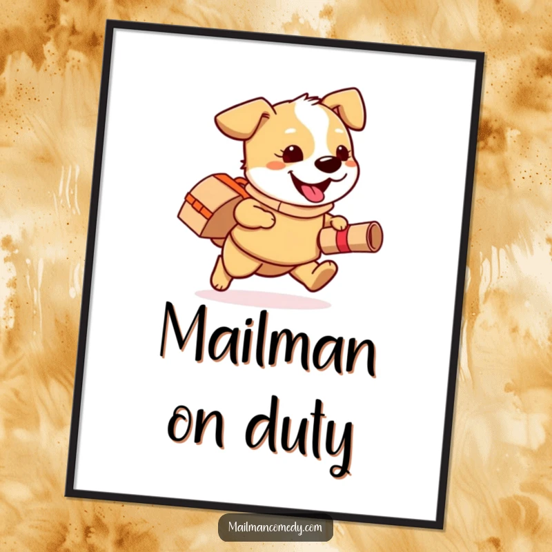 Funny poster showcasing a playful dog wearing a mail bag, happily running with a rolled-up package, full of canine energy.