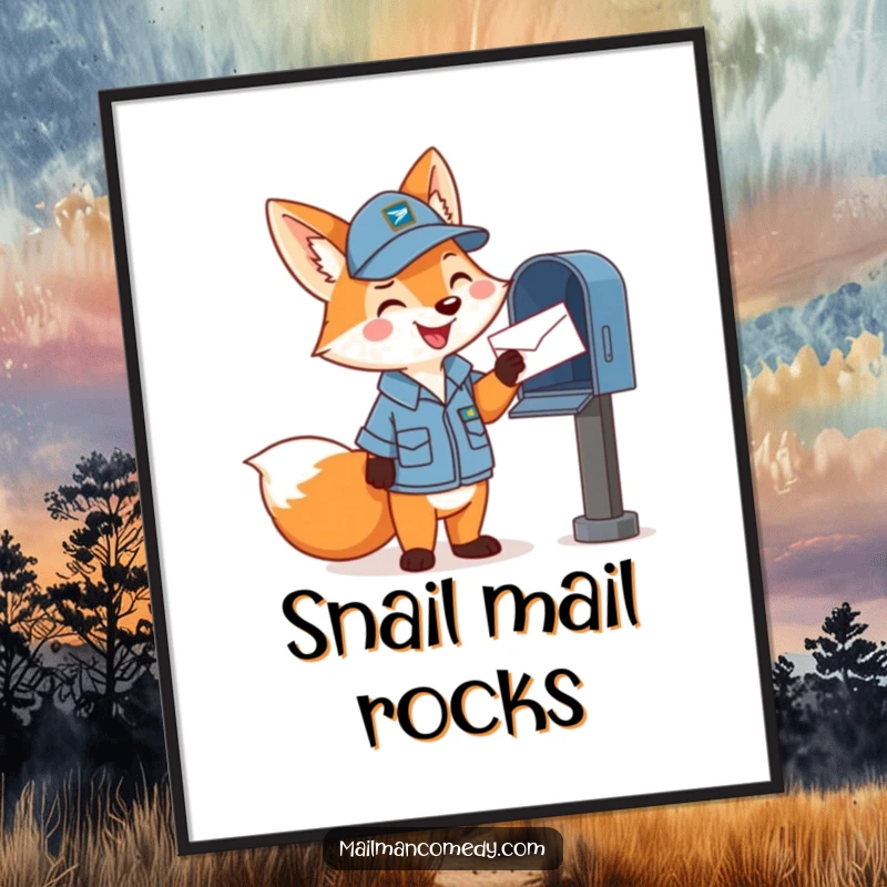 Funny poster showcasing a happy cartoon fox in a mail carrier uniform, cheerfully tossing a letter into a mailbox, charming artwork.