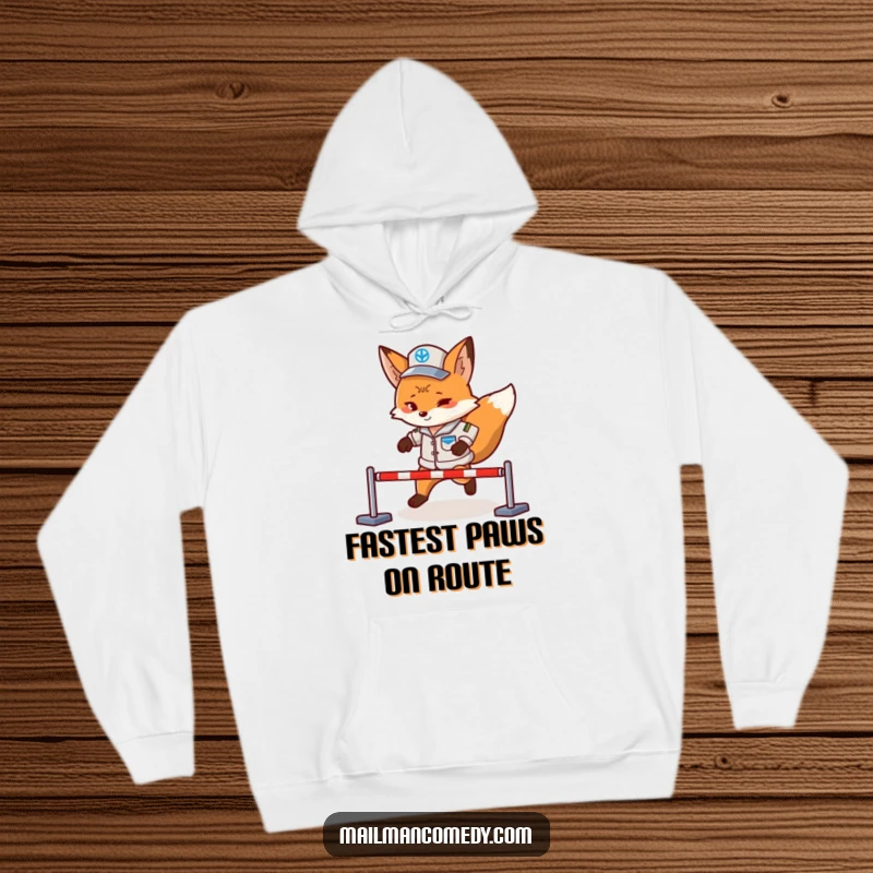Funny fox mail carrier, focused and agile, completing an obstacle course, depicted on a warm and humorous hoodie.