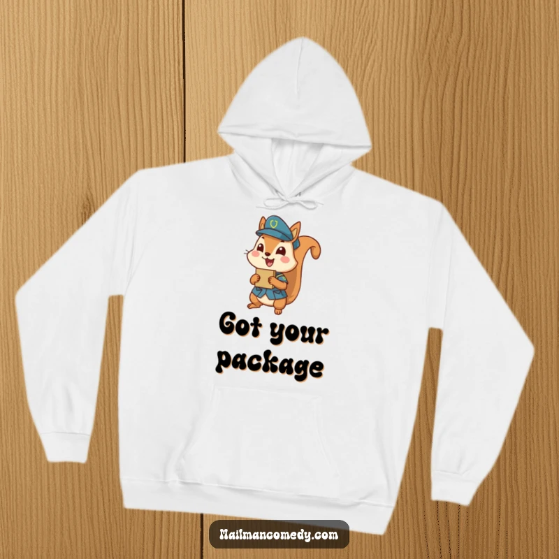 Funny squirrel in uniform, holding a tiny parcel with excitement, great for a funny hoodie gift.