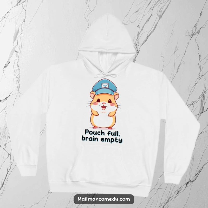 Funny hamster mail carrier hoodie, showing a cute rodent in uniform balancing letters on its head.