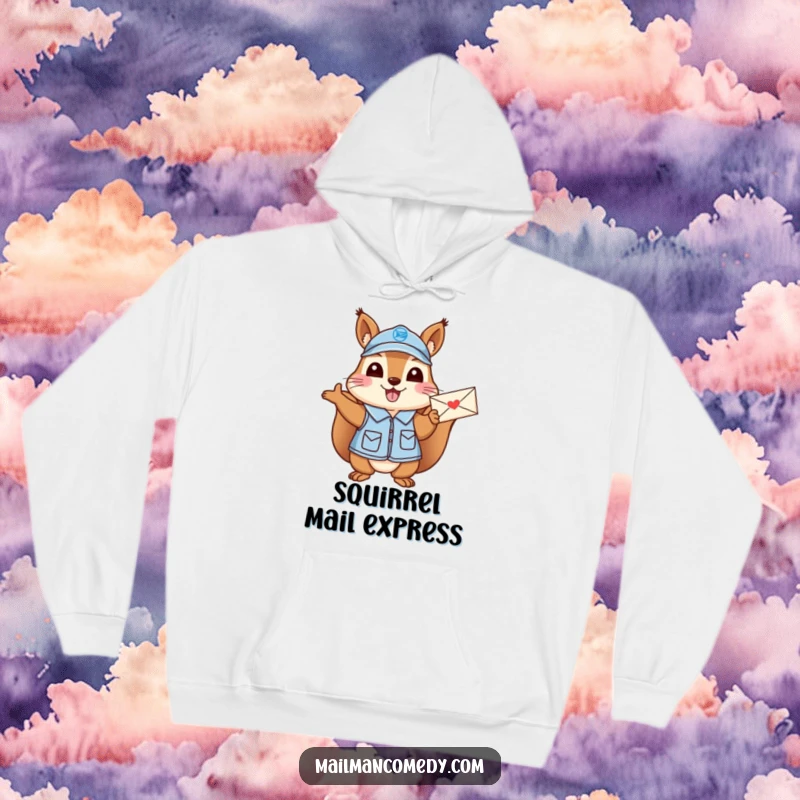 Funny Squirrel Mail Carrier Hoodie: A cheerful squirrel in a mail carrier uniform excitedly waving a letter.