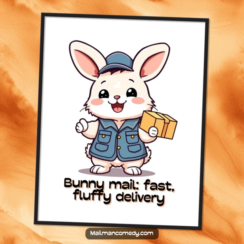 Funny free printable wall art: A fluffy bunny in a mail vest excitedly hands a package with a big smile.