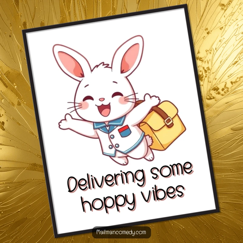 Funny Free Printable Wall Art: A happy bunny in uniform gleefully flying with a mailbag, spreading joy