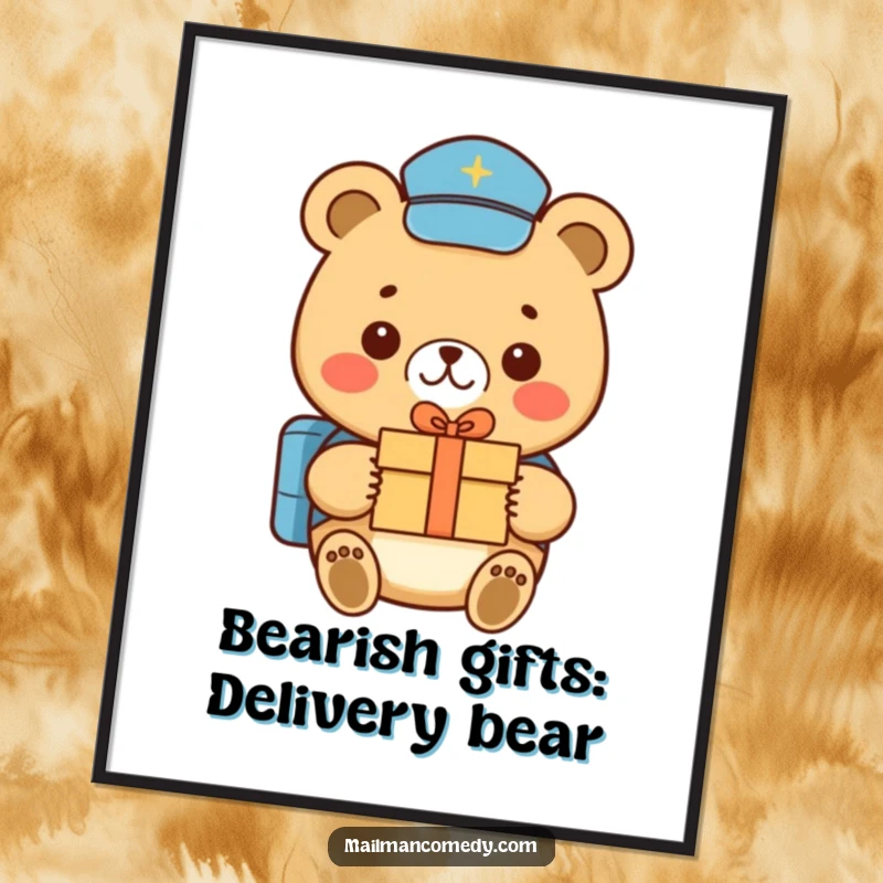 Funny Free Printable Wall Art: Smiling bear mail carrier in uniform, delivering a tiny gift box, adding heartwarming decor.