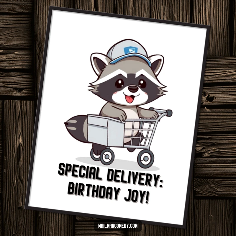 Funny Free Printable Wall Art: Energetic Raccoon Mail Carrier in Hat Playfully Hopping Over Mail Cart