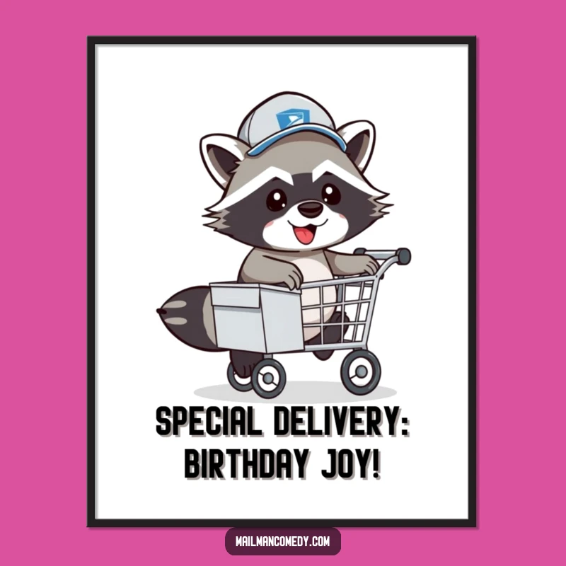 Funny Free Printable Wall Art: Raccoon Mail Carrier Hopping, Quirky Downloadable Decor