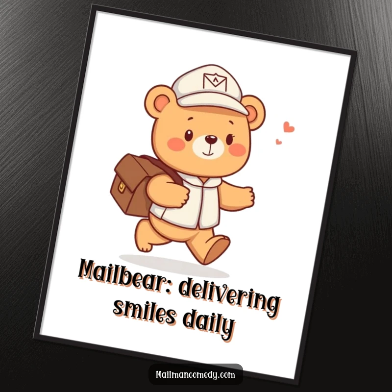 Funny free printable wall art: A cute bear in a mail carrier hat cheerfully skips with letters.