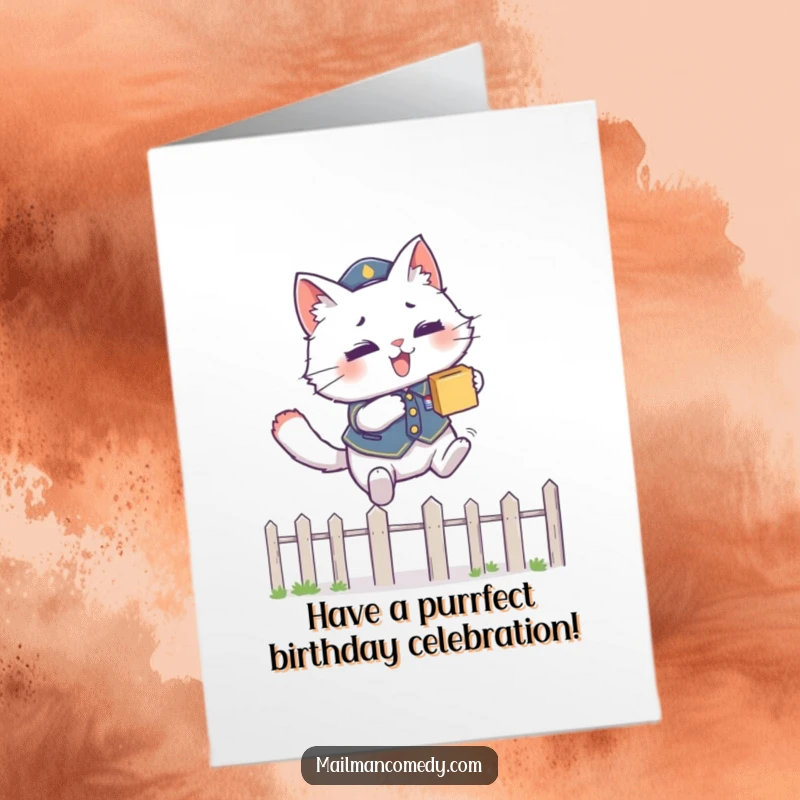 Funny Free Printable Birthday Card: A cat in uniform leaping dynamically over a fence with a package