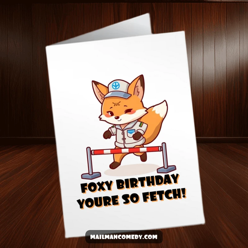 Funny Free Printable Birthday Card: Determined fox mail carrier in uniform, navigating obstacles with a letter, ready to celebrate.