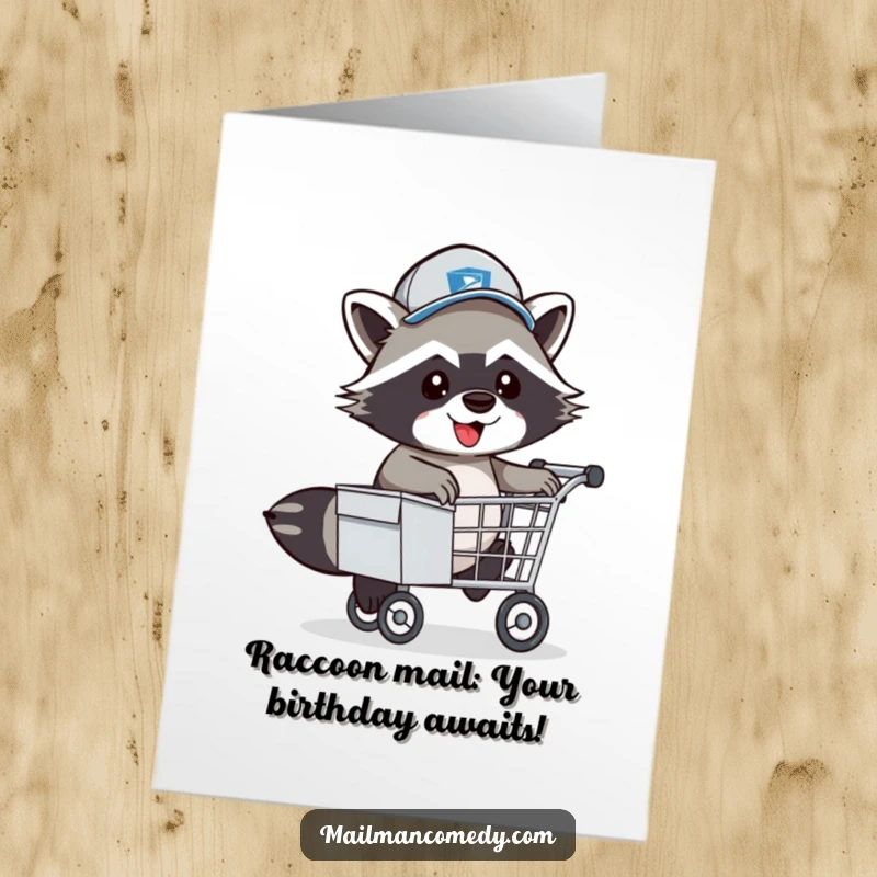 Funny Free Printable Birthday Card: Energetic Raccoon Mail Carrier in Hat Hopping Over Mail Cart