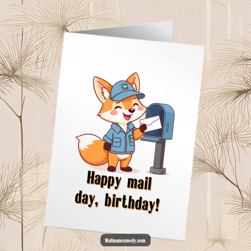 Funny free printable birthday card: Happy cartoon fox in mail carrier uniform cheerfully tosses a letter into a mailbox with a smile.