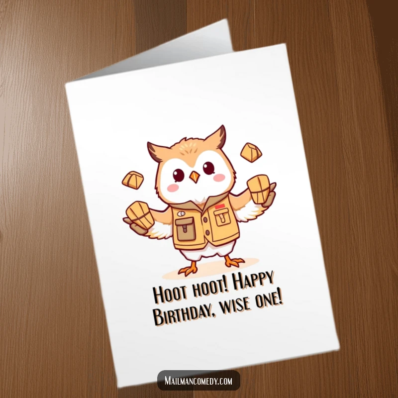 Funny Free Printable Birthday Card: Silly owl mail carrier in vest, juggling parcels, celebrating a birthday with enthusiasm.