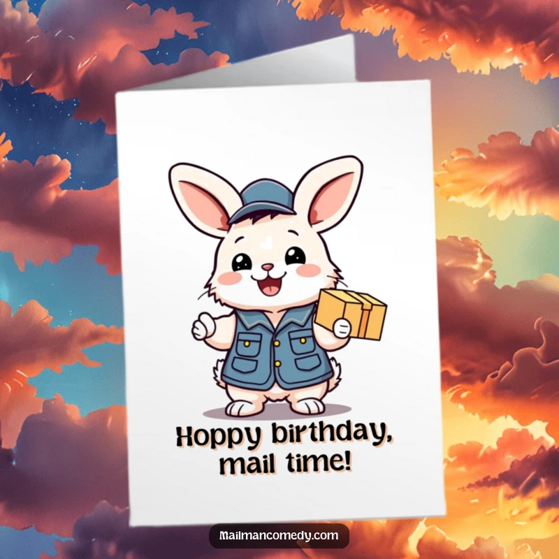 Funny free printable birthday card: A fluffy bunny in mail vest excitedly hands a package with a smile.