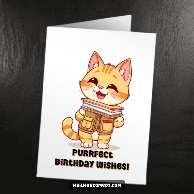 Funny free printable birthday card: Giggling cat in a mail carrier vest balances a stack of letters precariously on its nose.