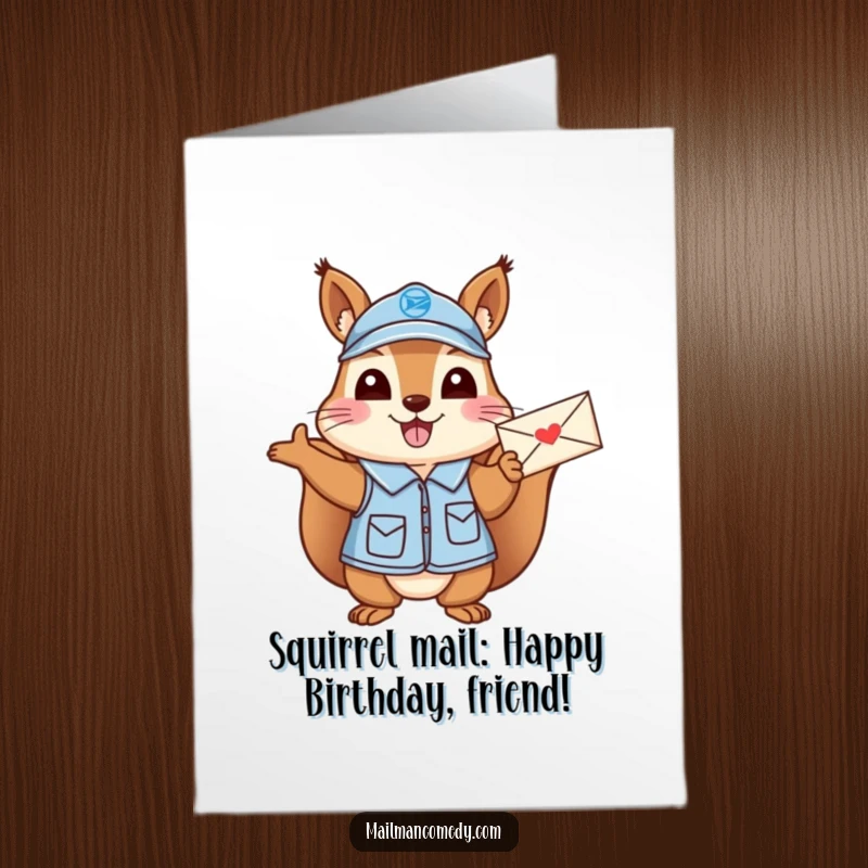 Funny Free Printable Birthday Card: Cheerful Squirrel Mail Carrier in Uniform Waving Letter Excitedly