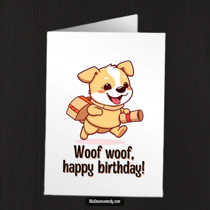 Funny free printable birthday card: Playful dog wearing a mail bag happily runs with a rolled-up package, ready for delivery.