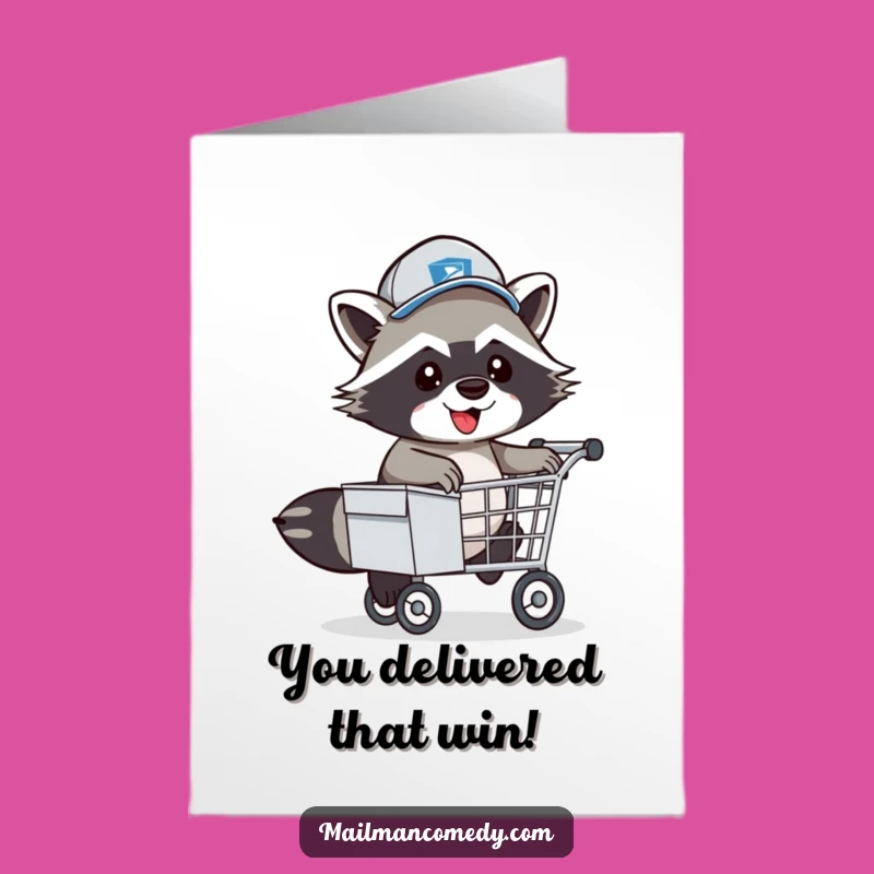 Free Printable Congrats Card: Raccoon Mail Carrier Hops Over Cart, Downloadable Gift
