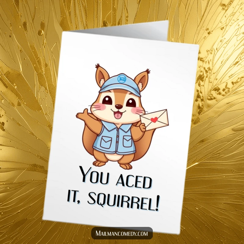 Funny Free Printable Congrats Card: Cheerful Squirrel Mail Carrier in Uniform Waving Letter Excitedly