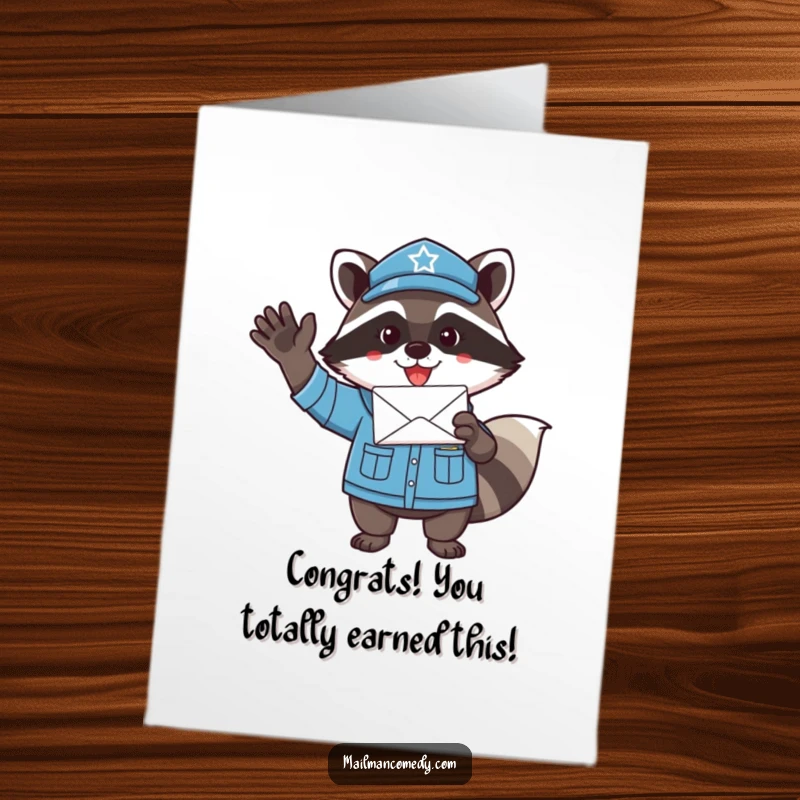 Funny Free Printable Congratulations Card: Playful raccoon mail carrier in uniform, waving a letter, celebrating success with joy.