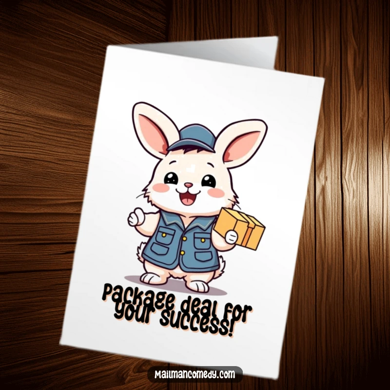 Funny free printable congratulations card: A bunny in a mail vest excitedly hands a package, beaming.