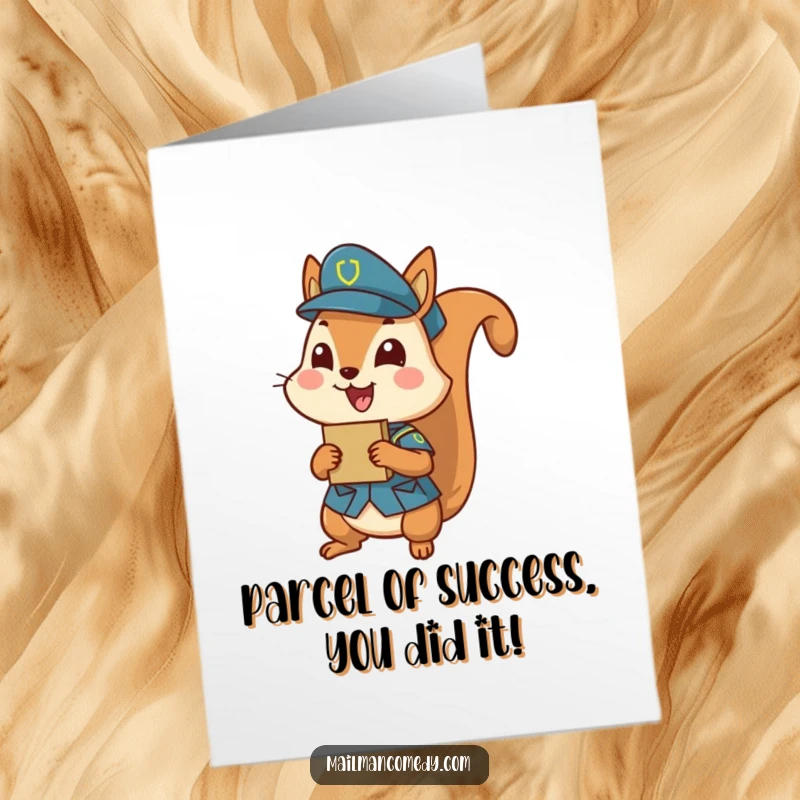 Funny free printable congratulations card showing a delighted squirrel in uniform, presenting a small parcel with excitement.