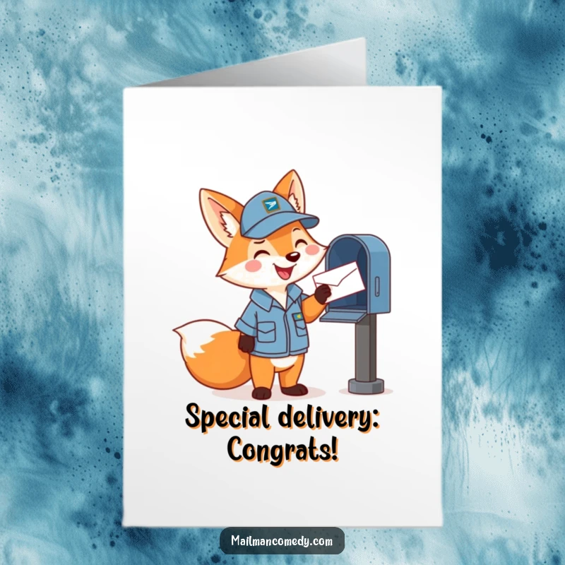 Funny free printable congratulations card: Happy cartoon fox in mail carrier uniform cheerfully tosses a letter into a mailbox, celebrating news.