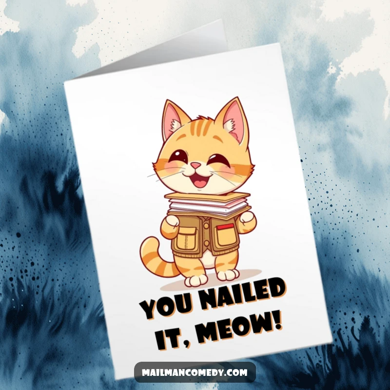 Funny free printable congratulations card: Giggling cat in a mail carrier vest balances a stack of letters on its nose, celebrating success.