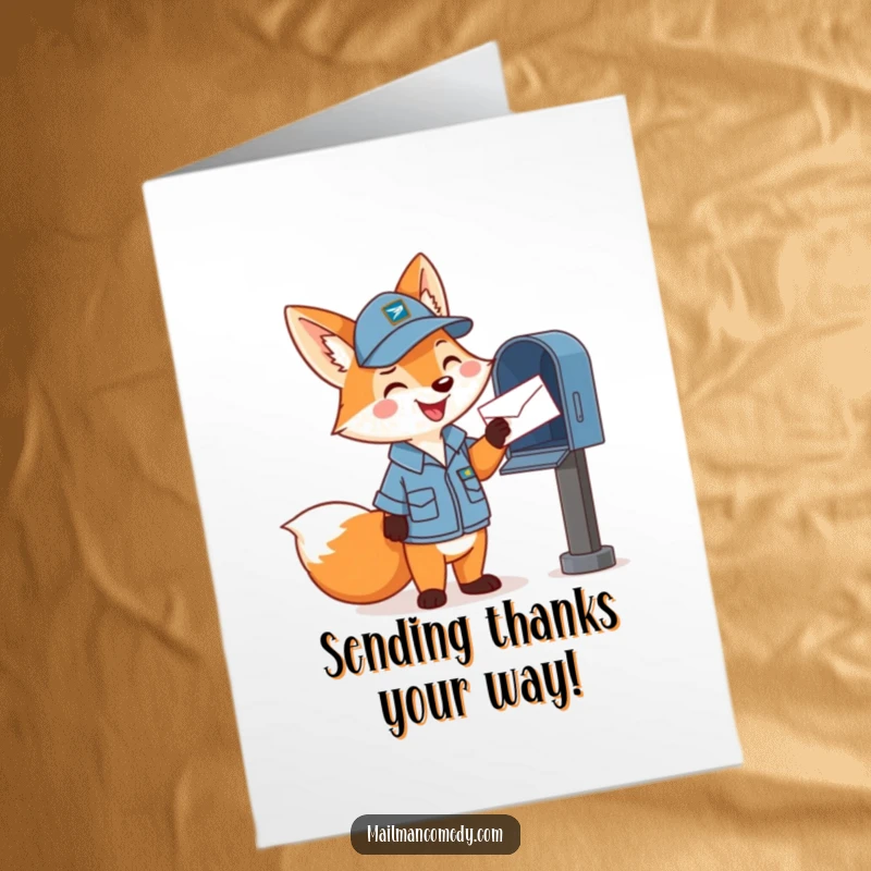 Funny free printable thank you card: Happy cartoon fox in mail carrier uniform cheerfully tosses a letter into a mailbox, a sweet thank you.