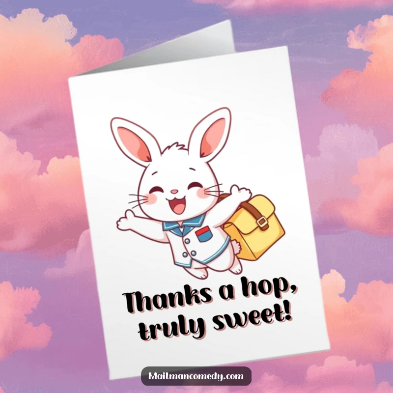 Funny Free Printable Thank You Card: A cheerful bunny in uniform flying happily with a mailbag