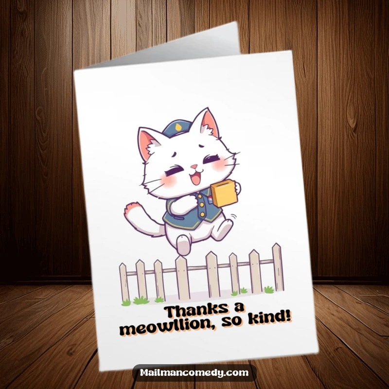 Funny Free Printable Thank You Card: A cat in uniform leaping over a fence with a package in tow