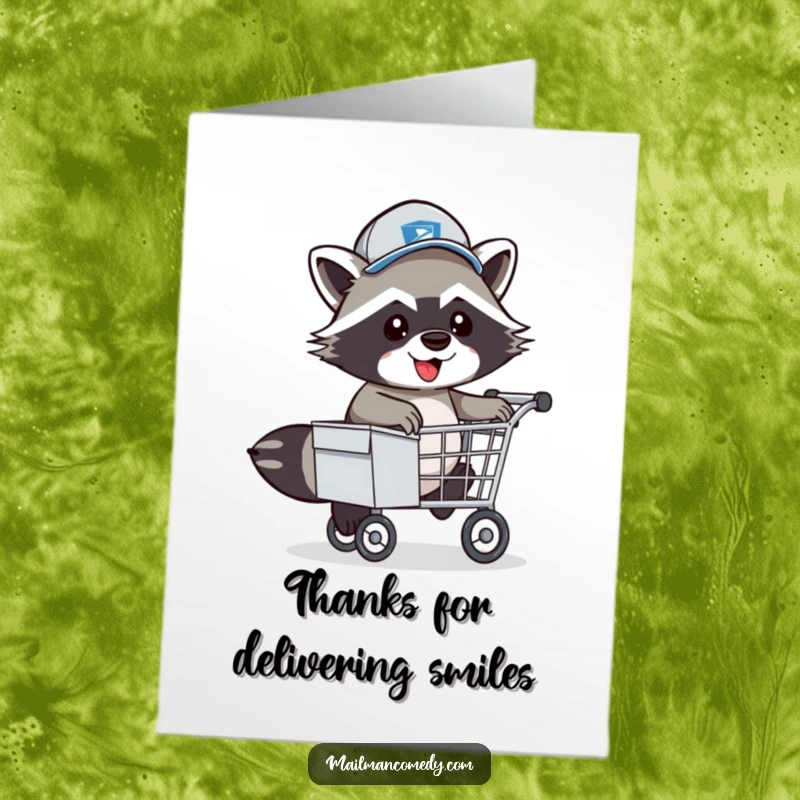 Funny Free Printable Thank You Card: Raccoon Mail Carrier in Hat Hopping Over Mail Cart