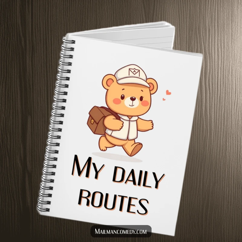 Funny notebook cover shows a cute bear mail carrier skipping joyfully with a satchel of letters, perfect for note-taking.