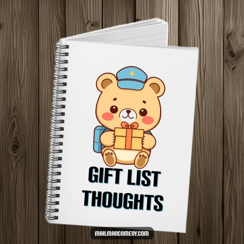 Funny bear mail carrier, smiling and delivering a gift, ready to help organize thoughts on this humorous notebook.