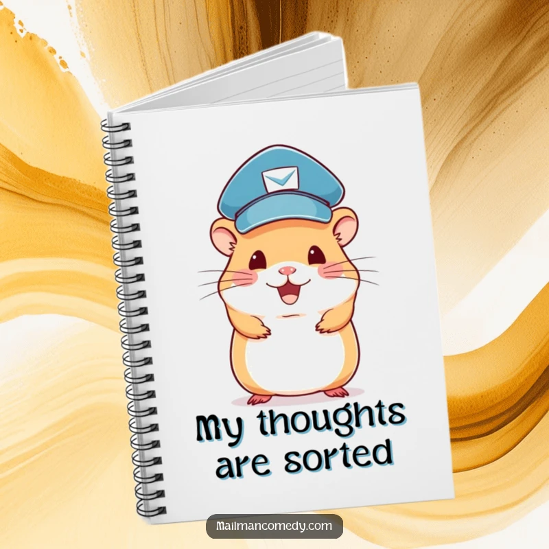 Funny hamster mail carrier notebook, featuring a cute rodent balancing letters, ideal for note-taking.