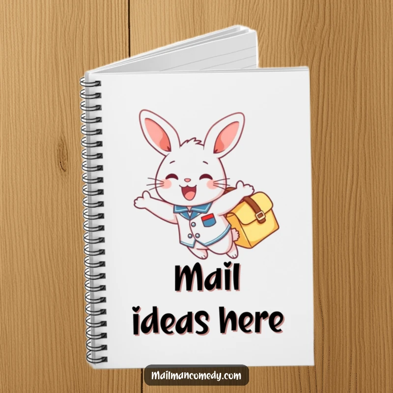 Funny notebook cover featuring a cheerful bunny in a uniform, gleefully soaring with a mailbag, perfect for journaling.