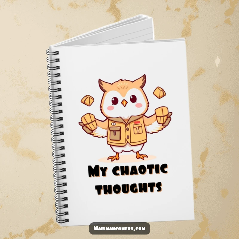 Funny owl mail carrier, in a juggling pose, ready to help organize thoughts on this humorous notebook cover.