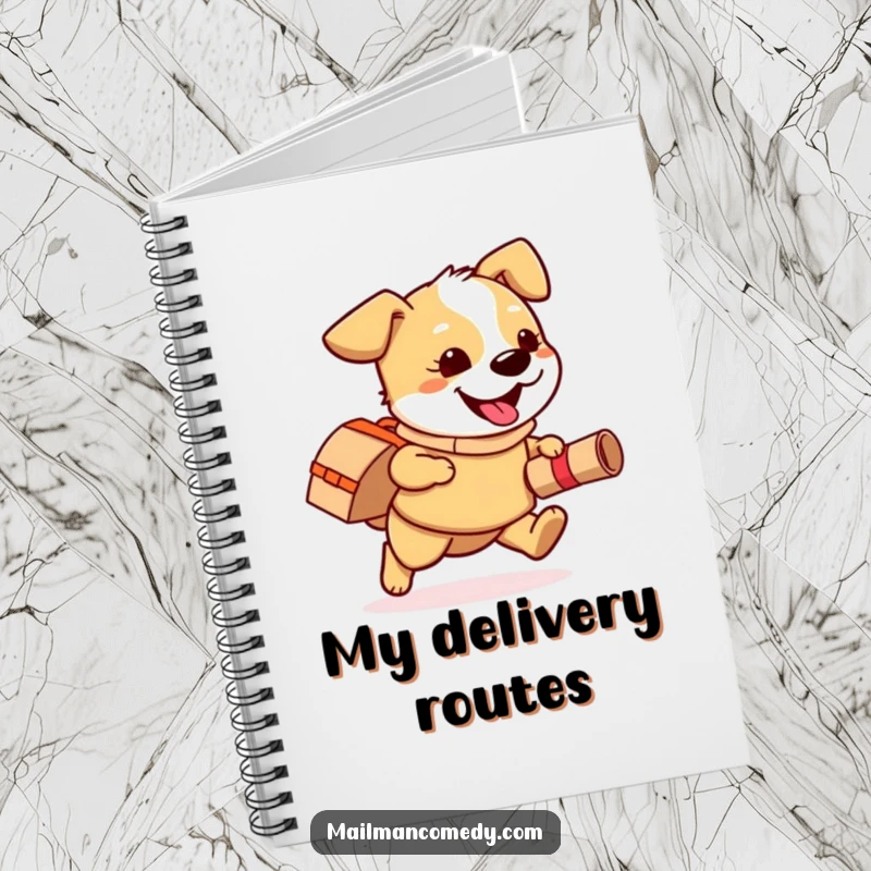Funny notebook with a playful dog wearing a mail bag, happily running with a rolled-up package, for organized thoughts.
