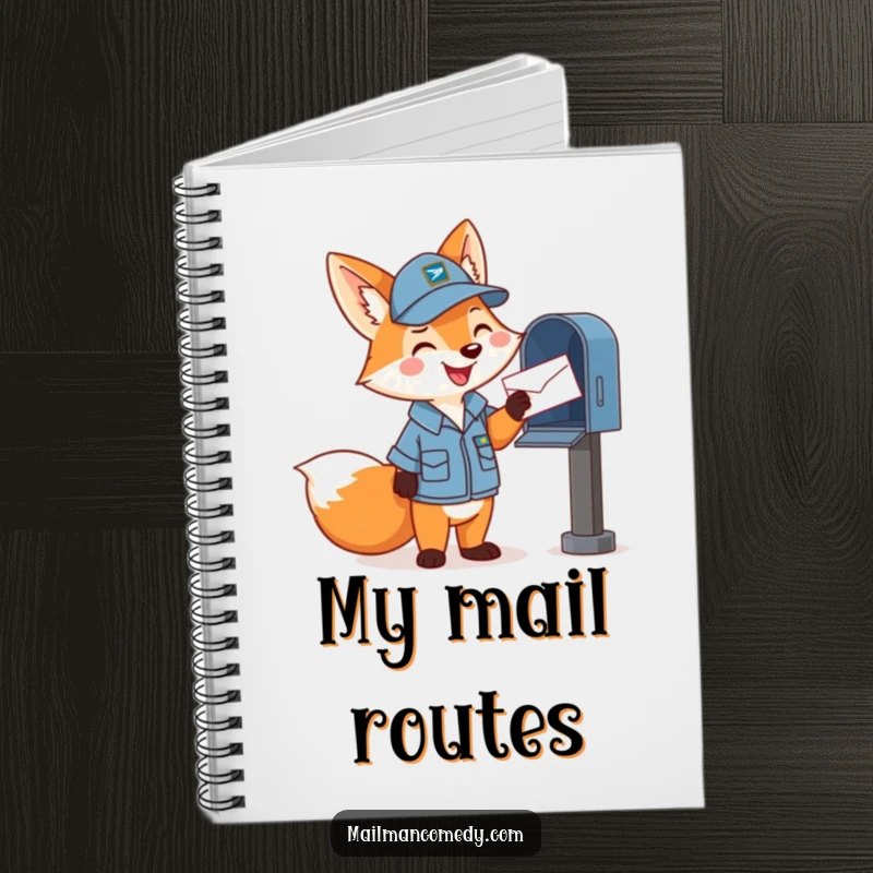 Funny notebook with a happy cartoon fox in a mail carrier uniform, cheerfully tossing a letter into a mailbox, for organized thoughts.